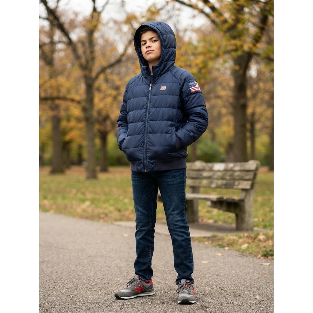 Levi's Blue Size 10 12 Puffer Jacket Kids Youth Flag Patch Winter Coat Boys